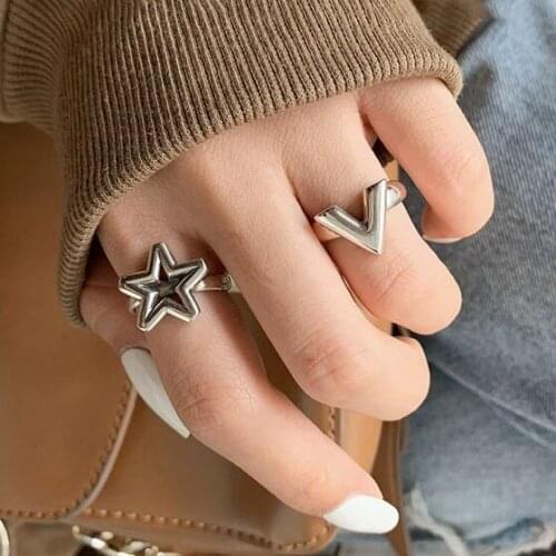 Letter V Star Vintage Silver Color Victory Finger Ring For Women Simple Fashion Jewelry Gift Teens