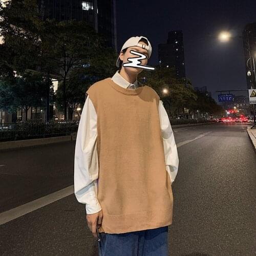 Men Sweater Vest Spring Autumn Mens Tops Outwear Knitted O-neck Cozy Loose Side-slit Simple All-match Casual Preppy Trendy Chic