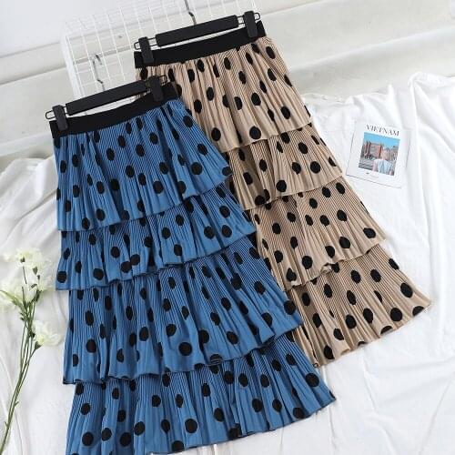 2019 New Spring Autumn Fashion High Waist Dot Skirts Vintage Slim Pleated Skirt Women Elegant Ruffles All-Match Part Skirt Mw670