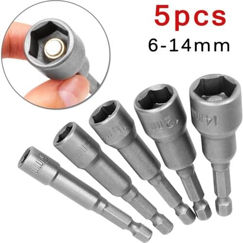 5PCS 6-14mm Magnetic Socket Sleeve Nozzles Adapter Electric Screwdriver Bit 1/4inch Hex Shank Electric Nut Driver Set