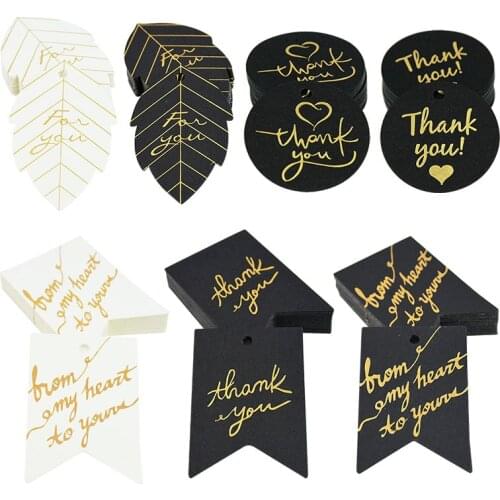 50pcs/lot Gold Print Paper Tags Black White Round Leaf Fishtail Shape Tags Gift Bags Boxes Thank You Tag Birthday Party Supplies