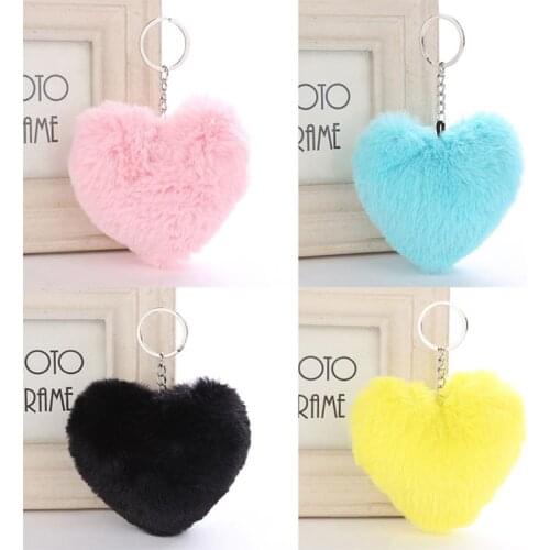 Fluffy Pompom Keychain Soft Solid Color Heart Shape Pompom Faux Rabbit Fur Ball Car Handbag Key Ring Gift Accessories 8 Colors