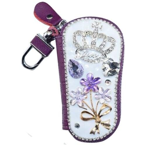 Handmade crown diamond Key Wallet Women Keychain Covers Zipper Key Case Bag PU leather Key Holder Housekeeper Keys Organizer