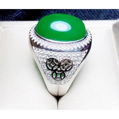 Designer S925 silver inlaid natural emperor green jade men lively Jasper Resizable ring