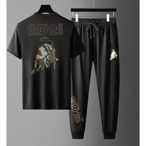 European mens Tracksuit sports suit 2021 summer new hot diamond Taurus ins trend fashion short-sleeved casual two-piece suit