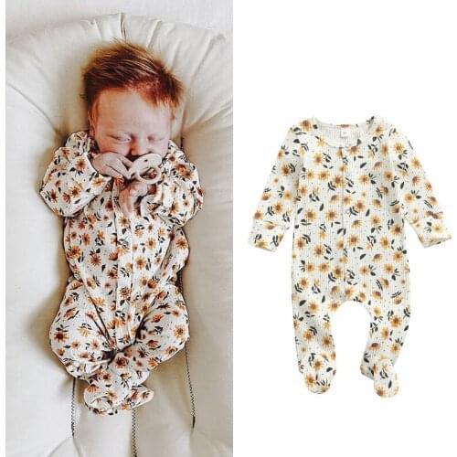 FOCUSNORM 0-12M Newborn Baby Girls Boys Footie Floral Print Long Sleeve O-neck Single Breasted Ribbed Jumpsuit