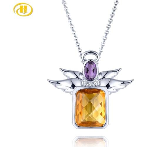 Hutang Natural Citrine Amethyst Silver S925 Pendant 5.5 Carats Genuine Gemstone Unique Lovely Angel Design Gift for Wife