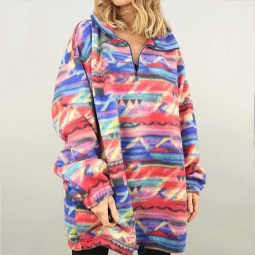 Multicolor Lapel Zipper Pullover Oversized Sweatshirt Women Loose Fleece Long Sleeve Casual Girls Plus Size England USA Style