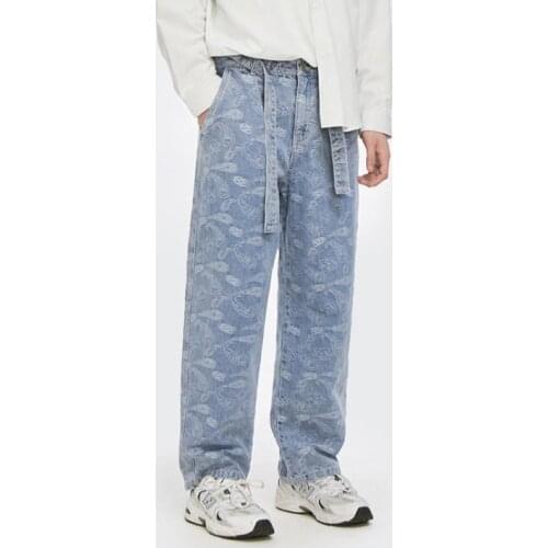 Fashion Tide Baggy Jeans Mens Straight Denim Pants Men Autumn Winter Cowboy Trousers Vintage Cashew Flower Print Mens Clothing