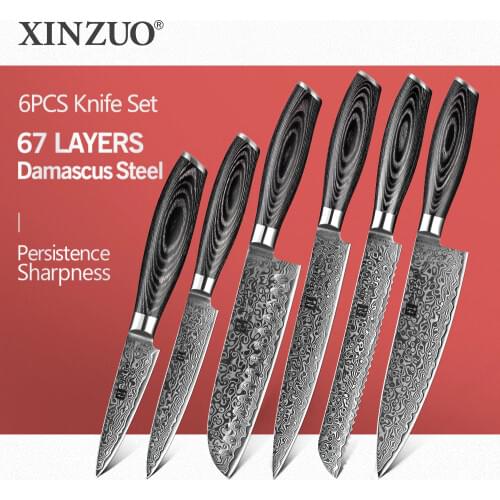XINZUO 6 PCS Kitchen Knives Set 67 Layers High Carbon Japanese VG10 Damascus Steel Chef Santoku Utility Knife Pakka wood Handle