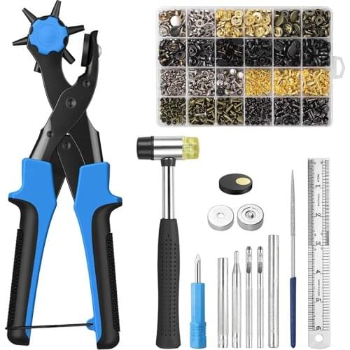 HLZS-Hole Punch Plier Set, Revolving Punch Hole Tool with 240Pcs Leather Double Cap Rivets and 120Pcs Leather Snap Fasteners
