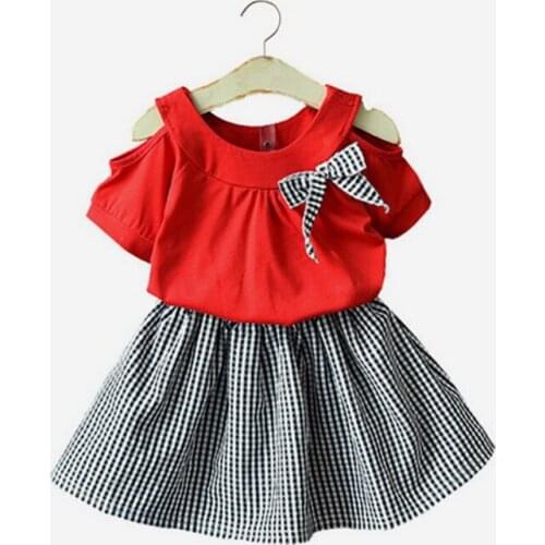 2019 children girls new summer sets Kids fashion bow T-shirt + Plaid cotton skirt clothing sets for girls 2-7 years