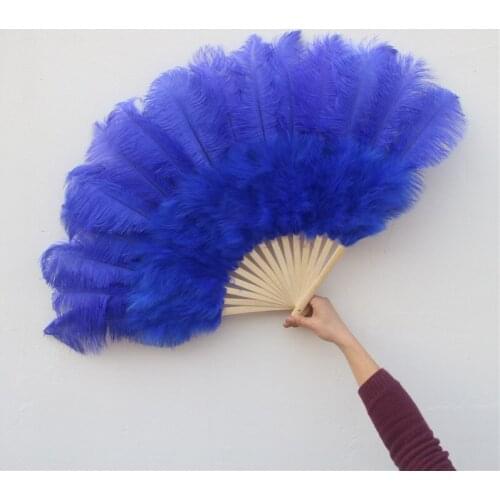 Wholesale 15 bones beautiful sapphire fluffy ostrich feathers fan for dance celebration performance props feather fan plume