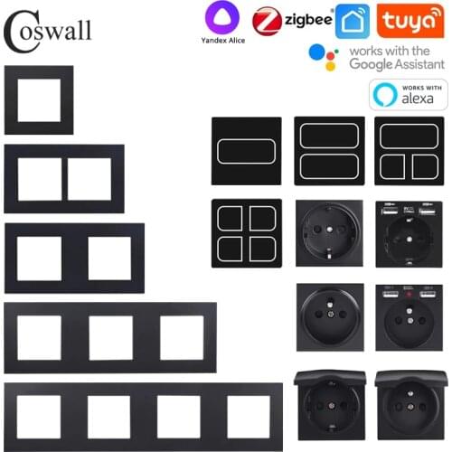 COSWALL Black Matt Plastic Panel Zigbee 3.0 Tuya 1/2/3/4 Gang Switch With Normal EU Socket USB Charger TV RJ45 Modules DIY