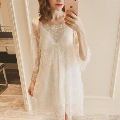 Sexy Robe Set Two Pieces Spaghetti Strap White /black Sleepwear Lace Bathrobe Set Luxury Nightgown Long Negli