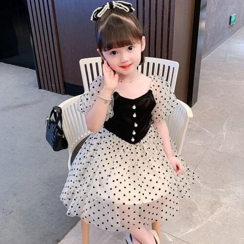 Girls puff sleeve dress summer new childrens summer polka dot net yarn princess dress baby foreign style dress