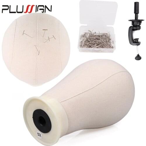 Plussign Training Mannequin Head Canvas Block Head and Clamp and Pins Set 21"-25" Wig Stand Cork Wig Block Canvas For Wig Making