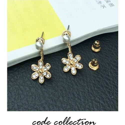 NEW Fashion Cute Crystal Flower Pearl Double Sided Stud Earrings For Women Girl Party Wedding Earring Jewerly Accessories Gift