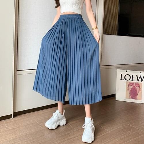 Wide Leg Chiffon Pants Women Casual Pleated Culotte Pantalones Mujer High Waist Loose Straight Female Trousers Capris Summer