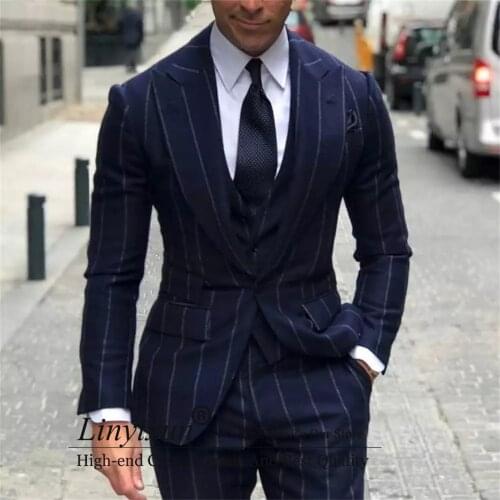 Navy Pinstripe Wedding Tuxedos One Button Mens Groom Suits Peaked Lapel Plus Size Prom Party Blazer (Jacket+Vest+Pants) 2021
