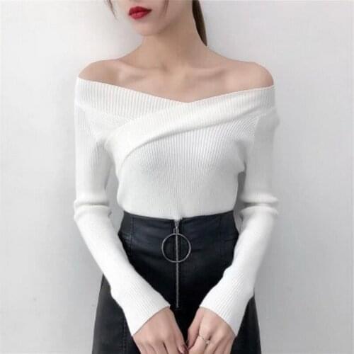 QRWR 2020 Spring Autumn Women Sweater Korean Sexy Slash Neck Solid Pullovers Elegant V Neck Slim Fit Long Sleeve Sweater Women