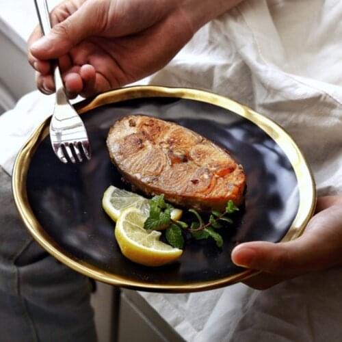 High-grade Black Gold Series Matte Ceramic Gold-plated Side Western Steak Dish Creative Dish Plate Fruit Flat Plate