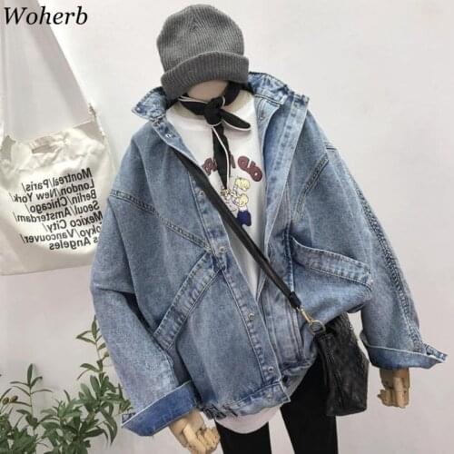 Woherb 2020 Cowboy Coat Girls Vintage Denim Jacket Big Pockets Cargo Women Jeans Jackets Outwear Students Streetwear Korean