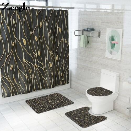 Zeegle Golden Leaves Printing Bathroom Carpet Rug Shower Curtain and Home Decor Bath Mat Set Memory Foam Toilet Seat Cover Mat