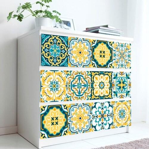 Green & Yellow Floral Pattern Strip Tile Sticker Furniture Kitchen Bathroom Decoration Wallpaper Peel & Stick Art Wall Decals