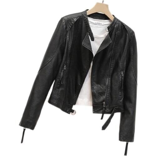 Zuolunouba 2020 Summer New Simple Stand-up Collar Pu Women Leather Long-sleeved Short Section Motorcycle Clothing Leather Jacket