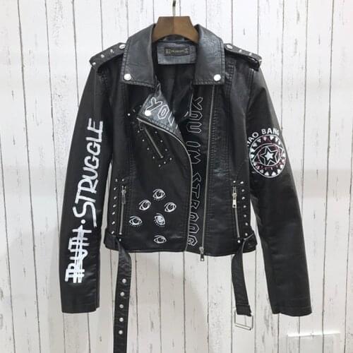 FMFSSOM Spring Women Faux Leather Jacket Turn-Down Collar Letter Print Epaulet Rivet Zipper lady letter vintage Biker Outerwear