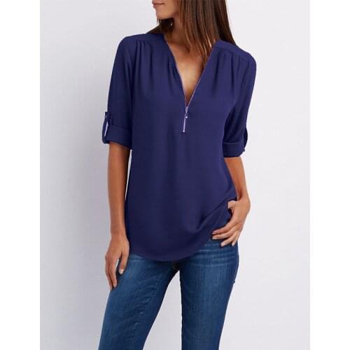 CINESSD Sexy V Neck Women Chiffon Blouses Solid Zipper Up Long Sleeves Cuffed Casual Loose Office Ladies Plus Size Tops Blouses