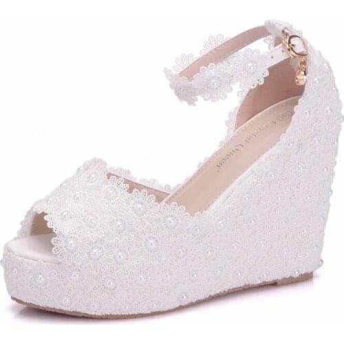 Women sandals wedding Party banquet Lace PU Rhinestones Buckle Strap 11CM Wedges High Heels Peep Toe women shoes size 35-42