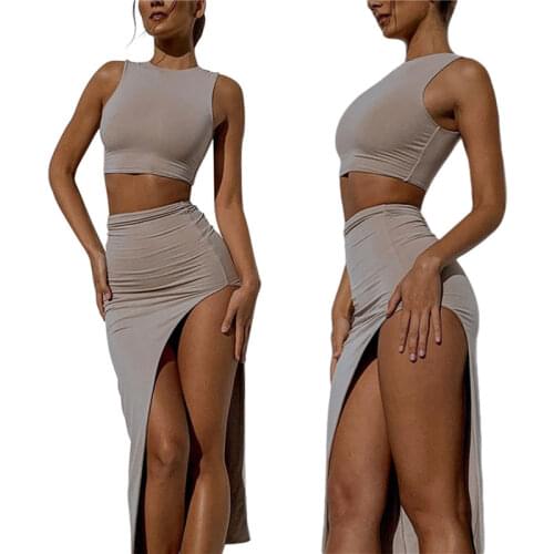 Women Sexy Two-piece Clothes Set Solid Color Round Collar Vest and Long Slit Skirt Taupe/ Beige