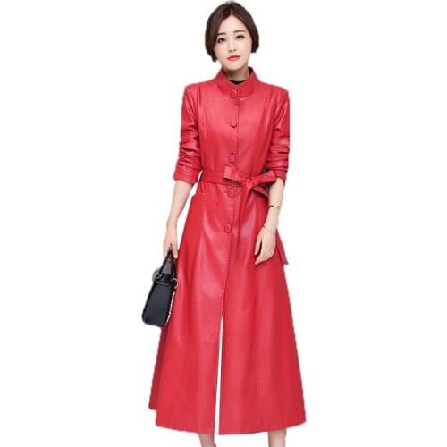 2021 New Women Red PU Leather Trench Coat Autumn Long Jacket Button Warm Thicken Temperament PU Leather Windbreaker With Belt