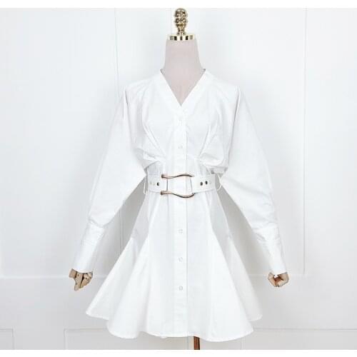 New Fashion Women Belt White Color Short Dresses Lantern Sleeves V-Neck Single Button Elegant Lady Trend Dress Vestidos