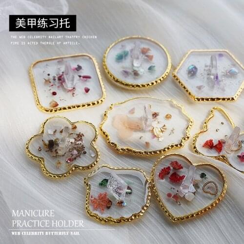 1pc Golden Edge Nail Art Manicure Practice Display Holder Dried Flower Glass For Nails Polish Practice color palette Tools @9-61