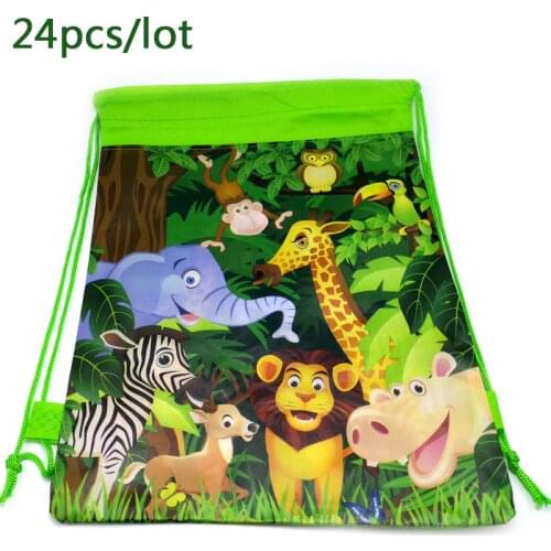 24PCS Jungle Animals Birthday Party Lion Elephant Zebra Giraffe Non-woven Fabrics Drawstring Gifts Bag Baby Shower Decorations