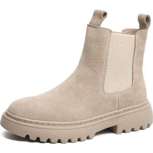 Slip-On Ankle Boots women Cow suede Short Boots platform shoes Fashion Round toe Casual Middle heel Ladies Booties black