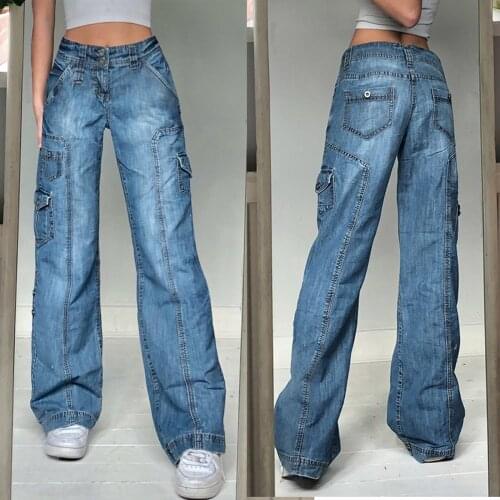 Female Solid Color Washed Wide Leg Jeans High Waist Loose Style Wild Casual Streetwear Daily Wear Trousers with Pockets