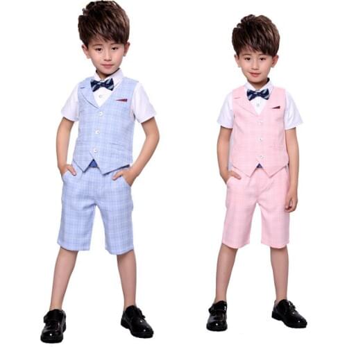 High Quality 2PCS Vest+Shorts Kids Boys Summer Clothing Sets New Gentleman Children Wedding Party Wear Plaid Formal Suits
