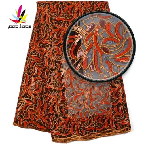 Burnt Orange Sequin Fabric Lace Embroidery African French High Quality Silver Glittery Tulle Flower Latest 2019 For Wedding
