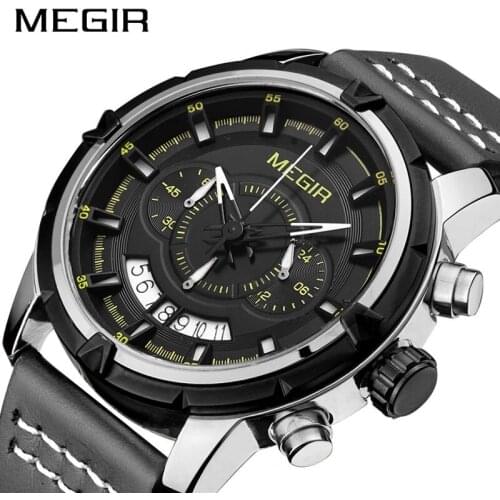 MEGIR New Fashion Calendar Waterproof Luminous Multifunctional Chronograph Waterproof Leather Quartz Mens Watches 2047G