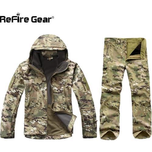 Tactical Soft Shell Camouflage Jacket Set Men Army Waterproof Warm Camo Clothes Military Fleece Coat Windbreaker Clothing Suit