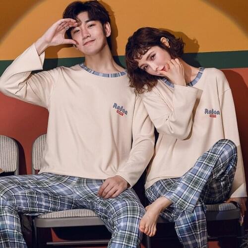 Men Pyjamas Suit Autumn Plaid Pants Couple Pajamas Long Sleeve Beige Pijama For Male Clothing Cotton Casual Sleepwear
