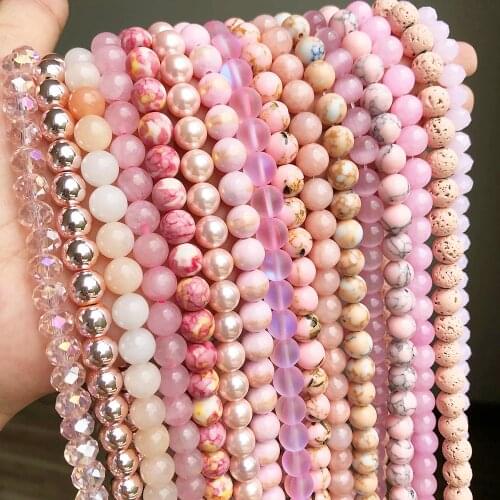 Natural Stone Beads Round Pink Jades Opal Sunstone Crystal Loose Bead For Jewelry Making DIY Bracelets 4/6/8/10/12MM 15