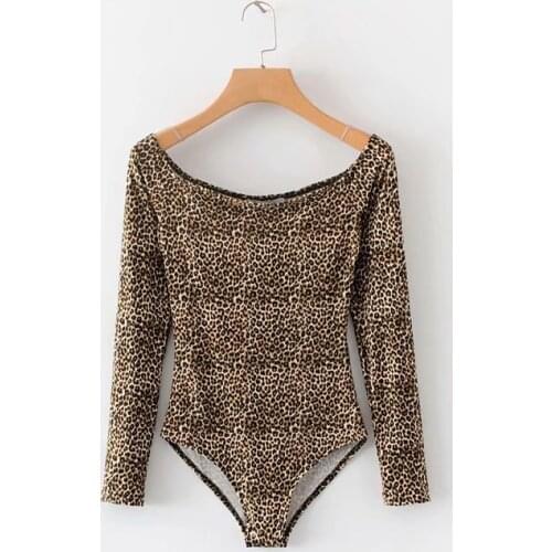 2020 New Arrival Womens Shirt Leopard Print Slash neck Bodysuit Slim Fit Sexy Bottoming Top