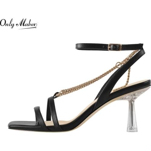 Onlymaker High Heels Sandal Matte Black Metal Chain Square Open Toe Ankle Buckle Metal Kitten Heel