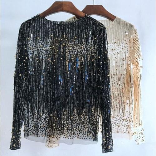 Autumn Spring Fashion Womens Black Sequined Beading Full Sleeve Blouse , Fall Female Women Embroidery Glitter Blouses Shirts
