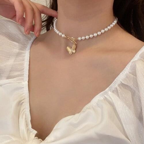 Sweet Pearl Necklace Female Creative OT Buckle Butterfly Pendant Clavicle Chain Personality Design Temperament Necklace